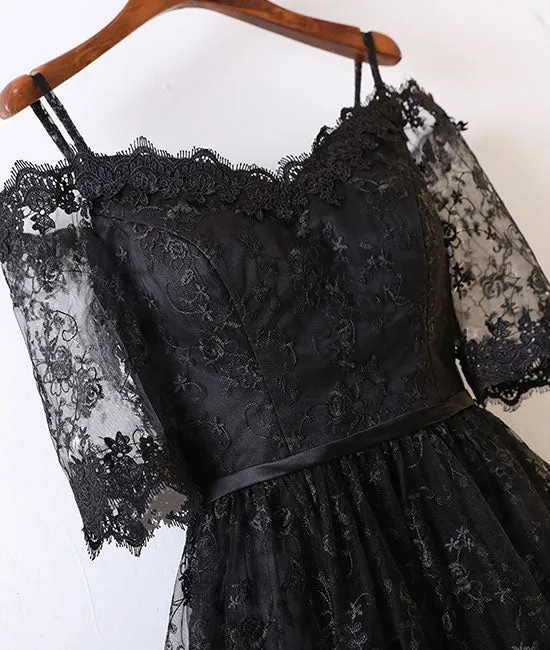 Black lace high low prom dress, black lace evening dress