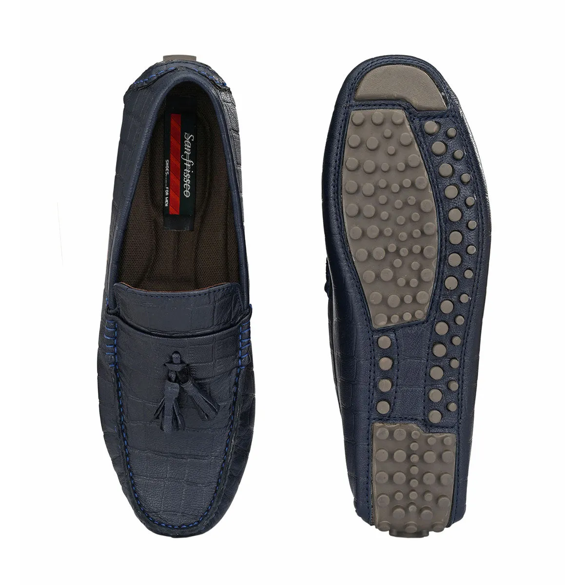 Blue Textured Leather Loafers