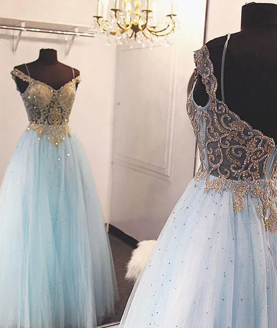 Blue v neck tulle sequin beads long prom dress, blue tulle evening dress