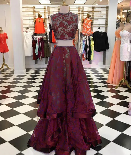 Burgundy lace two pieces long prom dress, burgundy evening dress