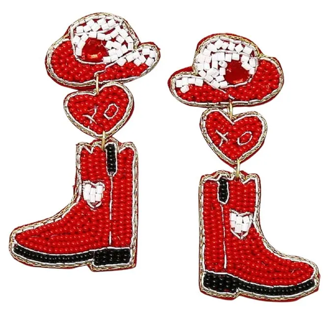 Cowgirl Boots And Hat Heart Seed Bead Earrings