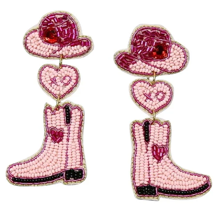 Cowgirl Boots And Hat Heart Seed Bead Earrings