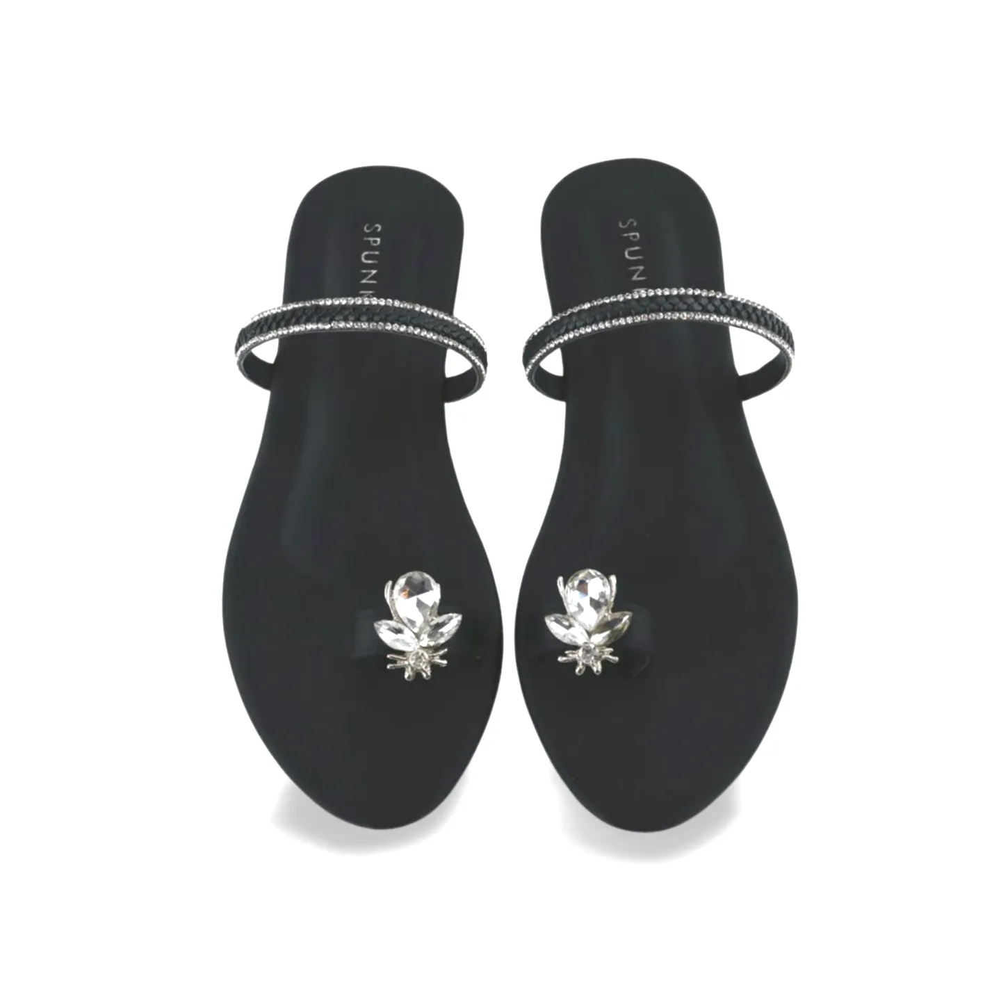 Flat Sandals with Rhinestone Ankle Strap and Honeybee Buckle on Thumb