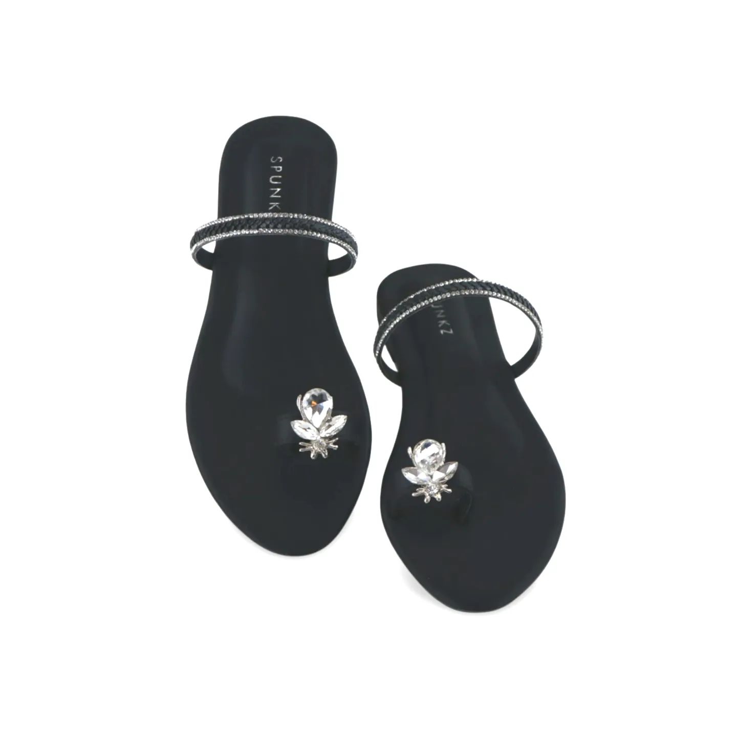 Flat Sandals with Rhinestone Ankle Strap and Honeybee Buckle on Thumb