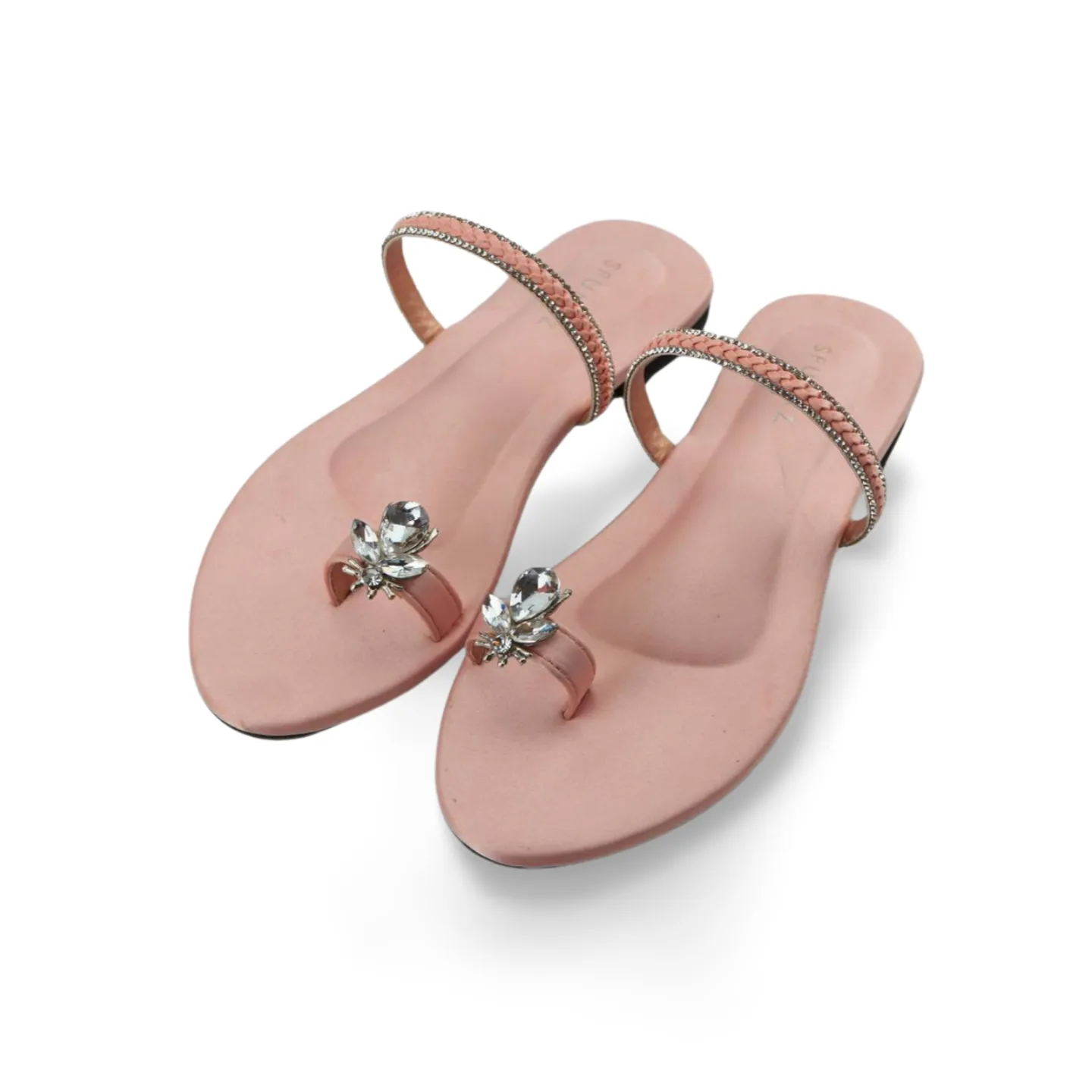 Flat Sandals with Rhinestone Ankle Strap and Honeybee Buckle on Thumb