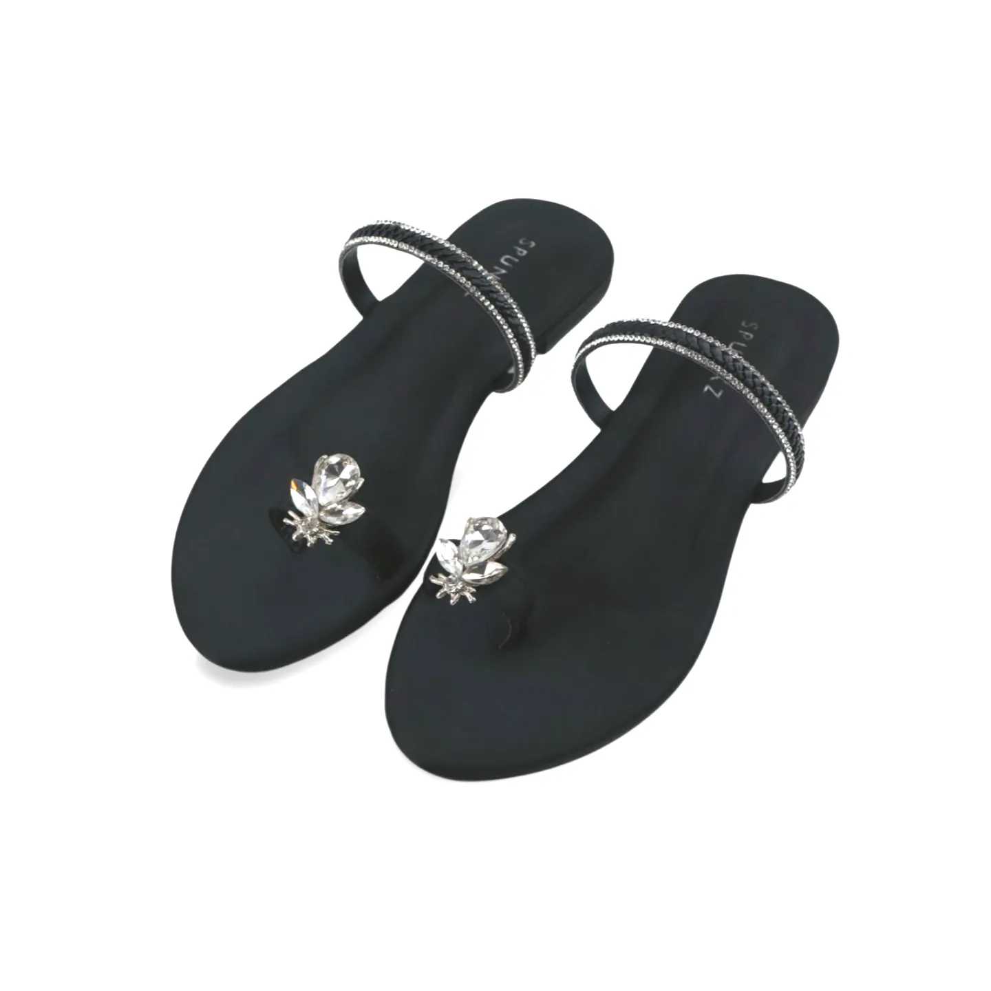 Flat Sandals with Rhinestone Ankle Strap and Honeybee Buckle on Thumb