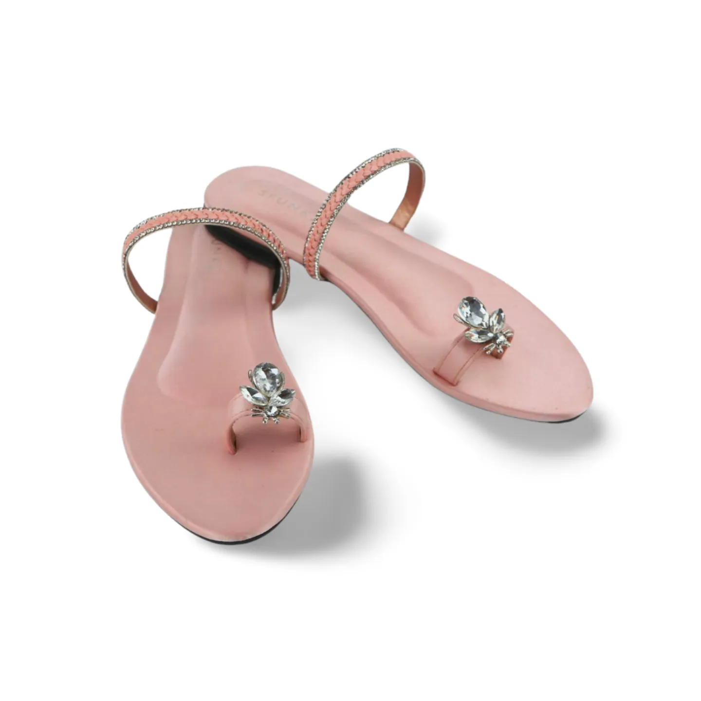 Flat Sandals with Rhinestone Ankle Strap and Honeybee Buckle on Thumb