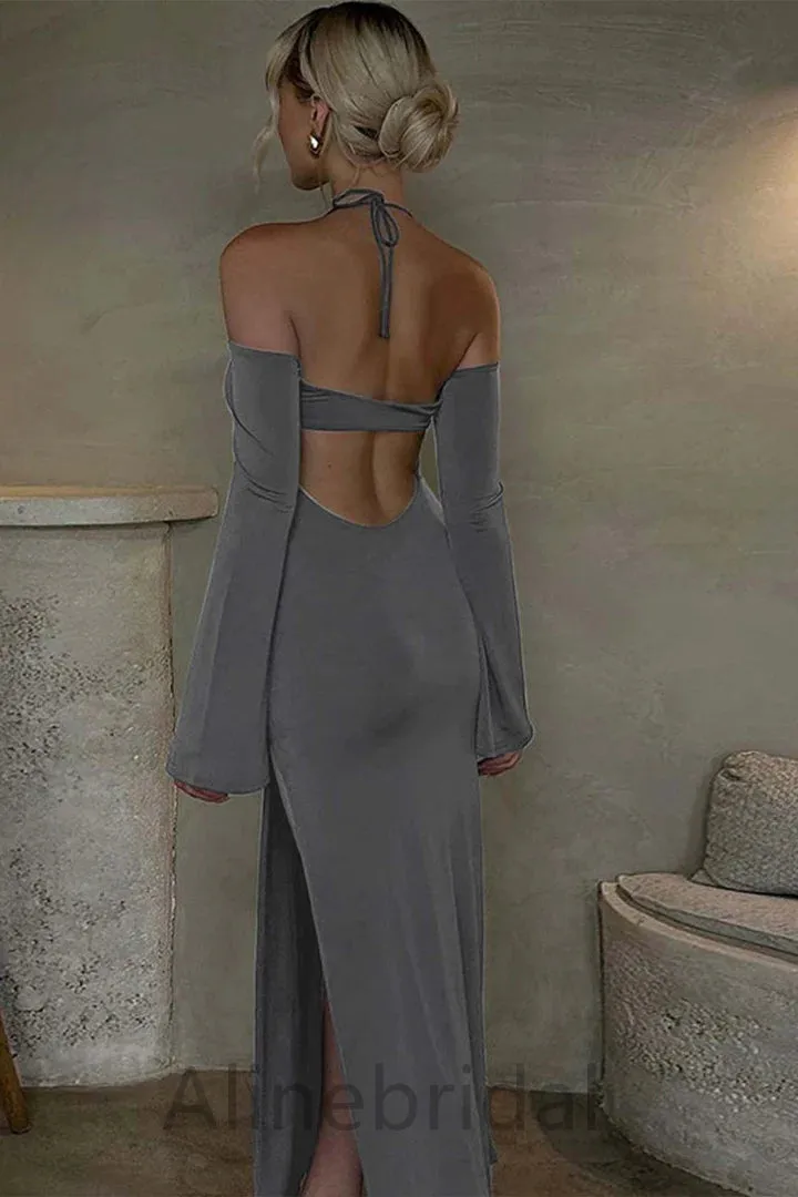 Grey Halter Long Sleeves  Side Slit Sheath Long Prom Dress, PD3748