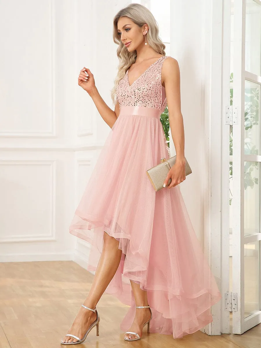 Sequin Bodice Tulle High-Low Evening Dress with Ribbon Waist