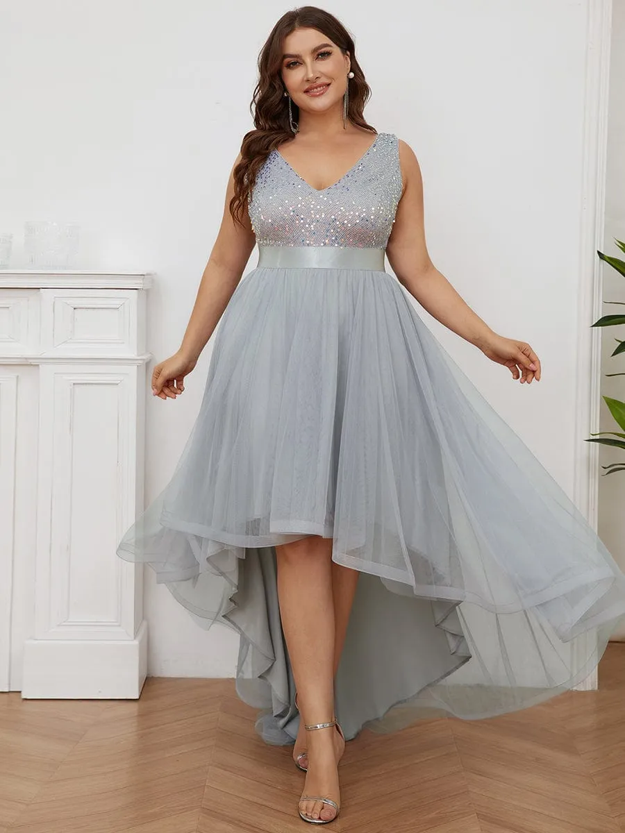 Sequin Bodice Tulle High-Low Evening Dress with Ribbon Waist