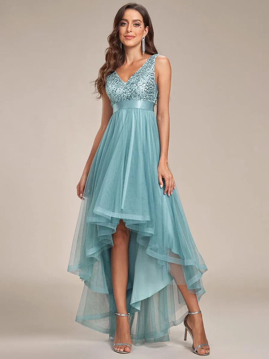 Sequin Bodice Tulle High-Low Evening Dress with Ribbon Waist