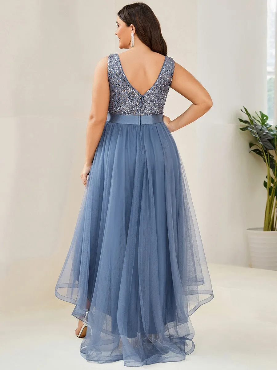 Sequin Bodice Tulle High-Low Evening Dress with Ribbon Waist