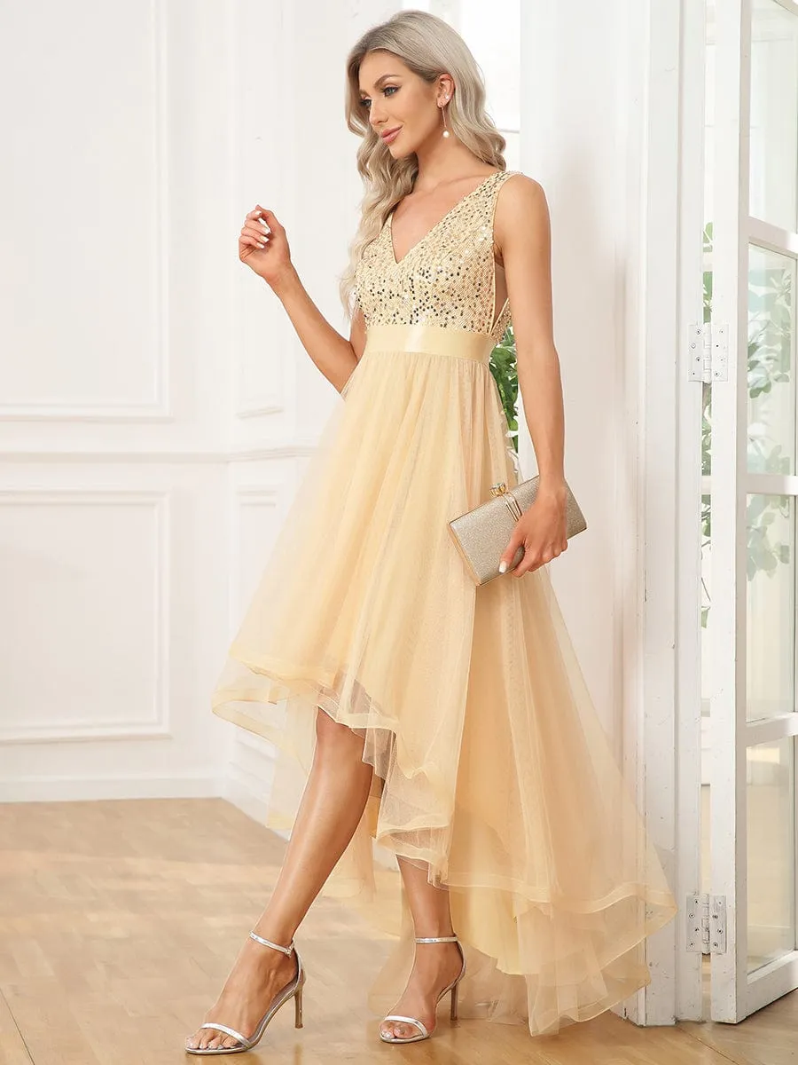 Sequin Bodice Tulle High-Low Evening Dress with Ribbon Waist