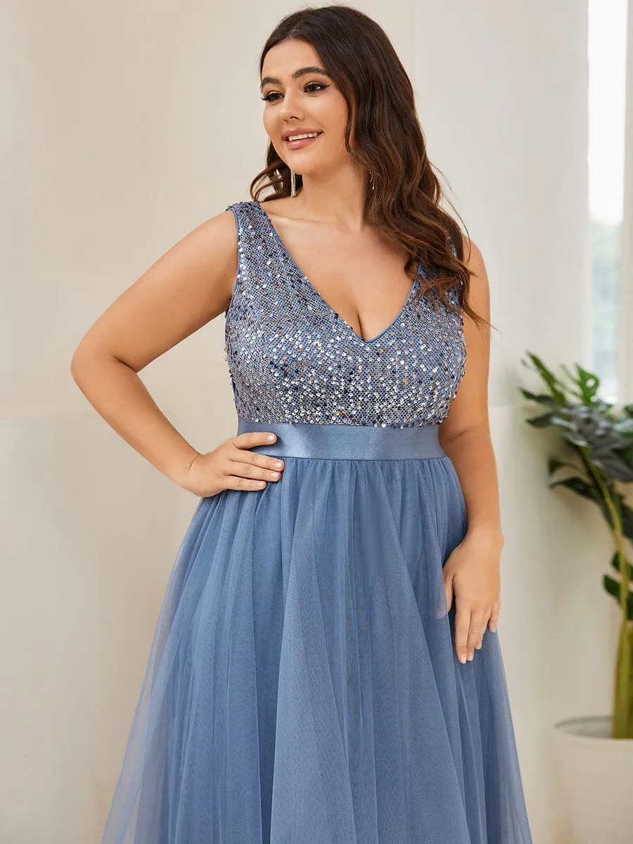 Sequin Bodice Tulle High-Low Evening Dress with Ribbon Waist