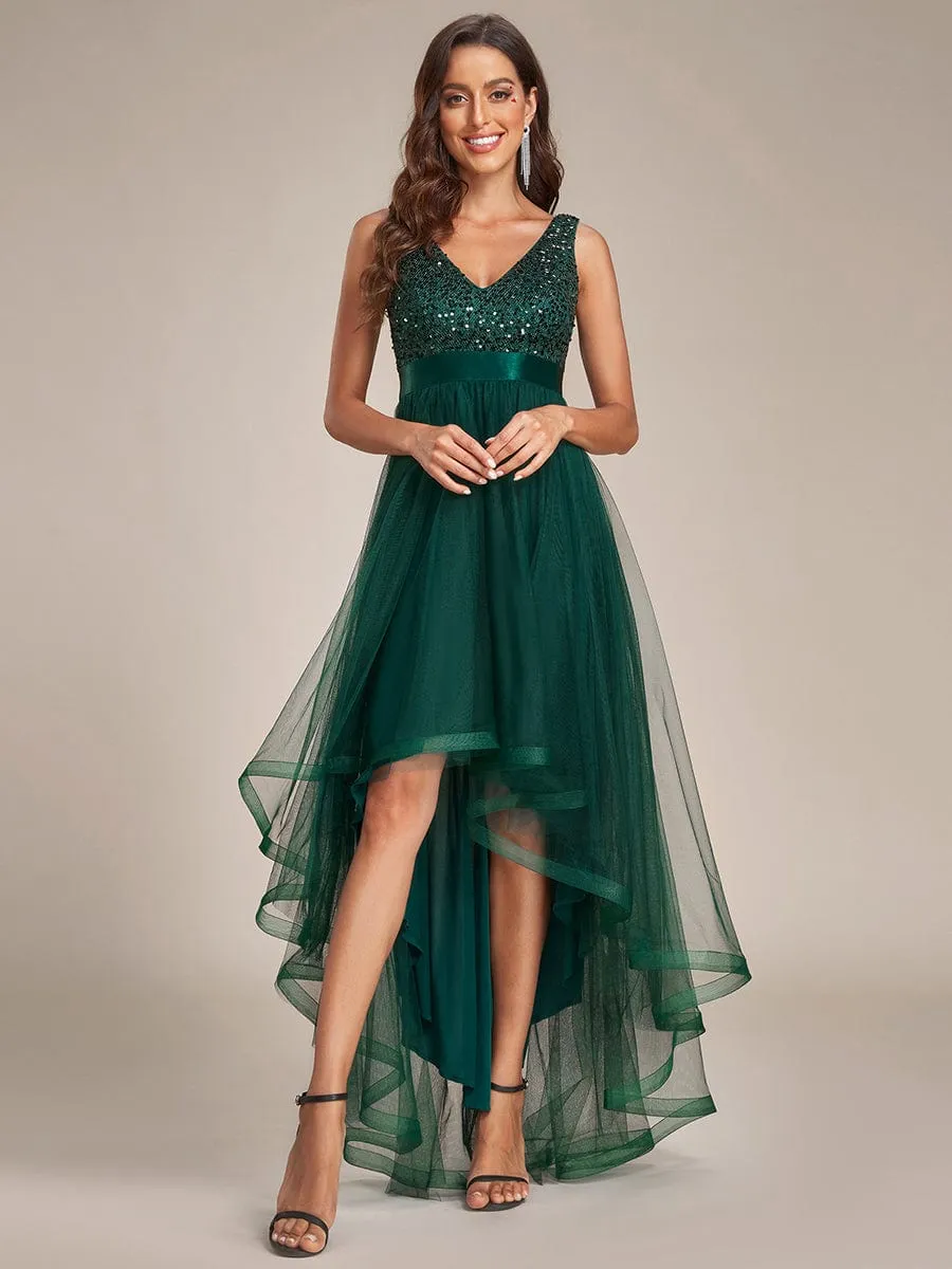 Sequin Bodice Tulle High-Low Evening Dress with Ribbon Waist