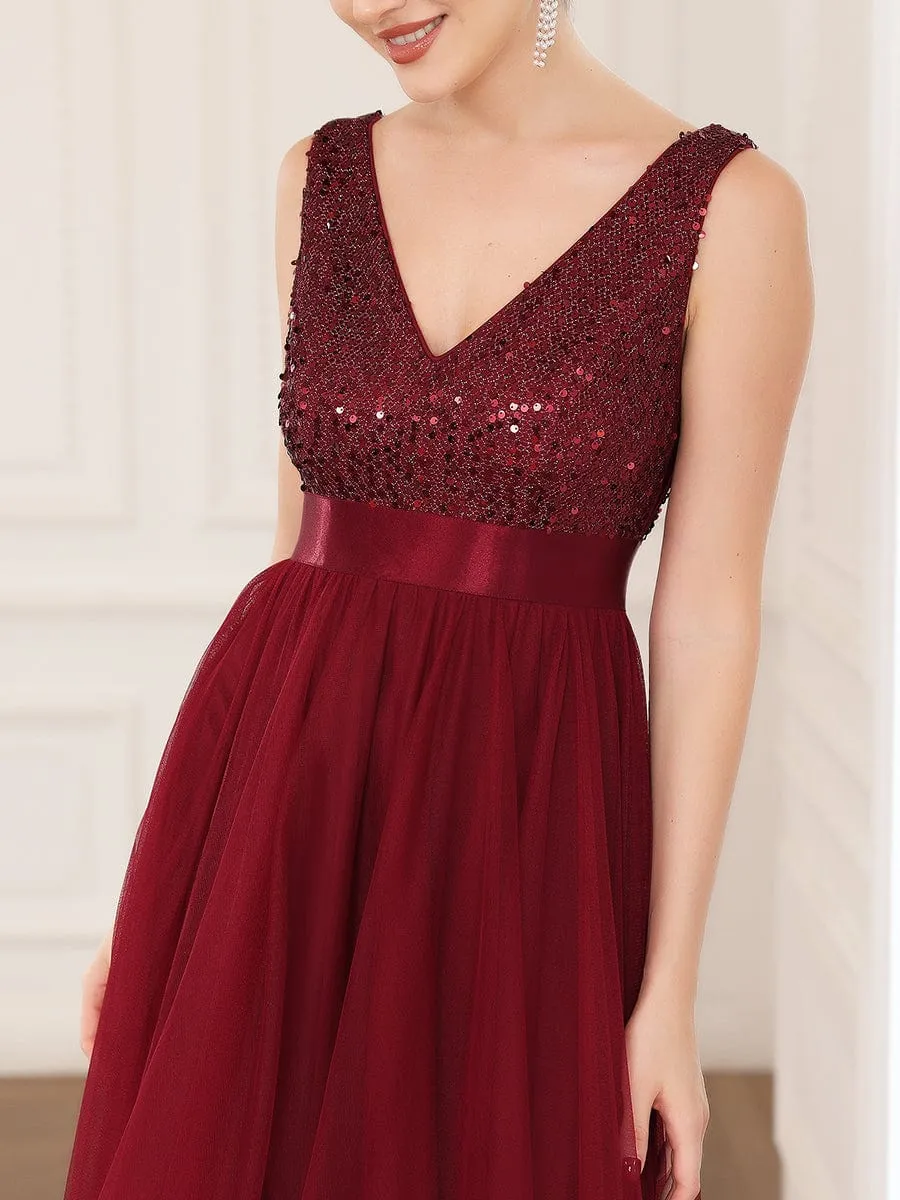 Sequin Bodice Tulle High-Low Evening Dress with Ribbon Waist