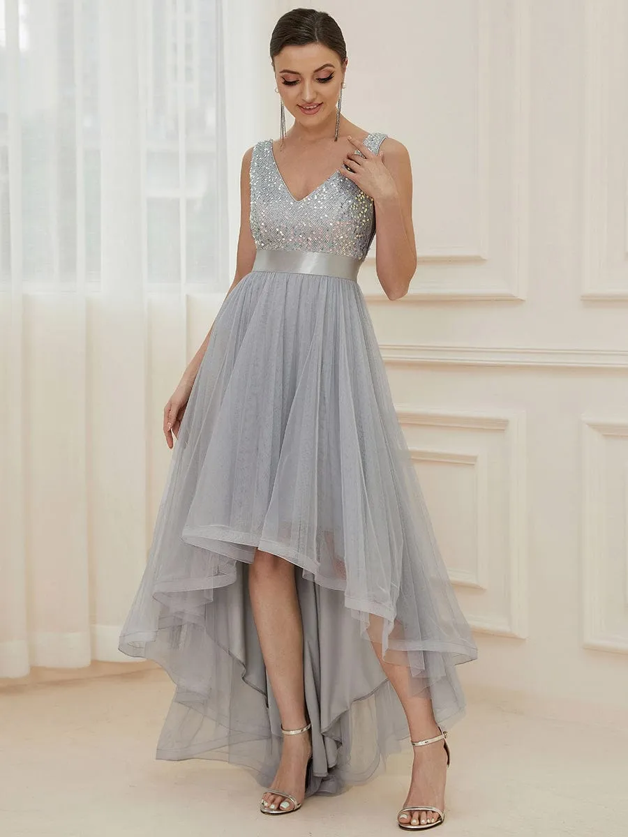 Sequin Bodice Tulle High-Low Evening Dress with Ribbon Waist