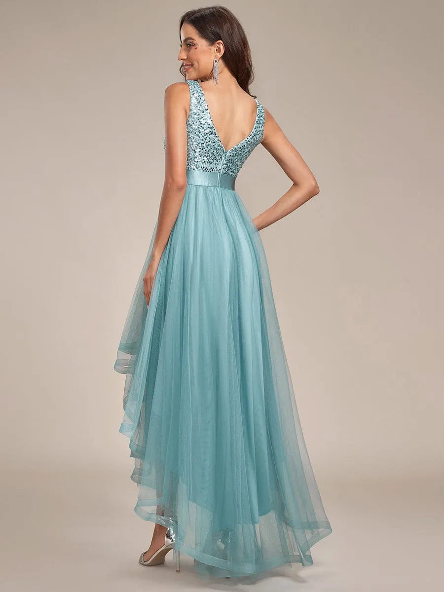 Sequin Bodice Tulle High-Low Evening Dress with Ribbon Waist