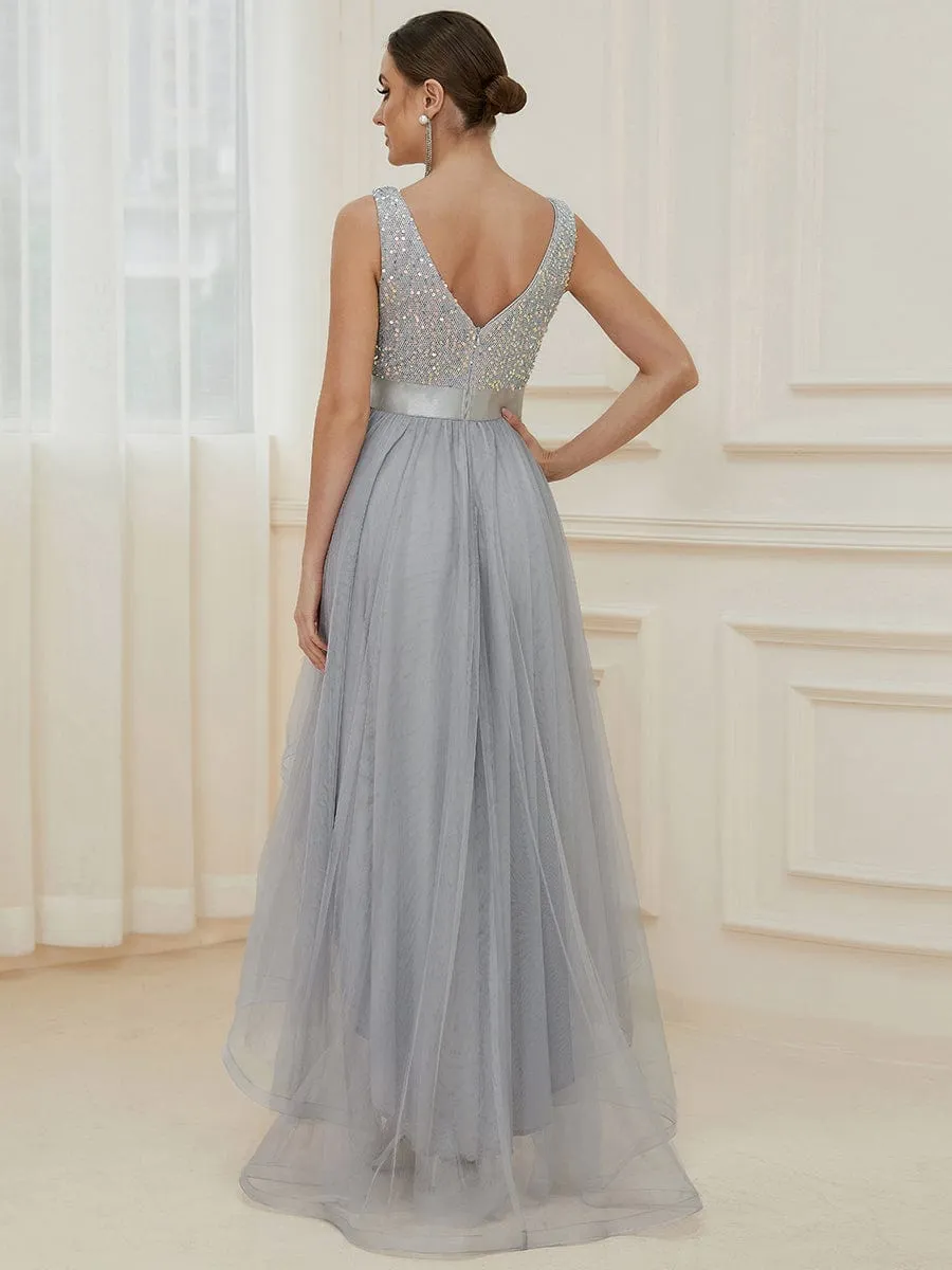 Sequin Bodice Tulle High-Low Evening Dress with Ribbon Waist