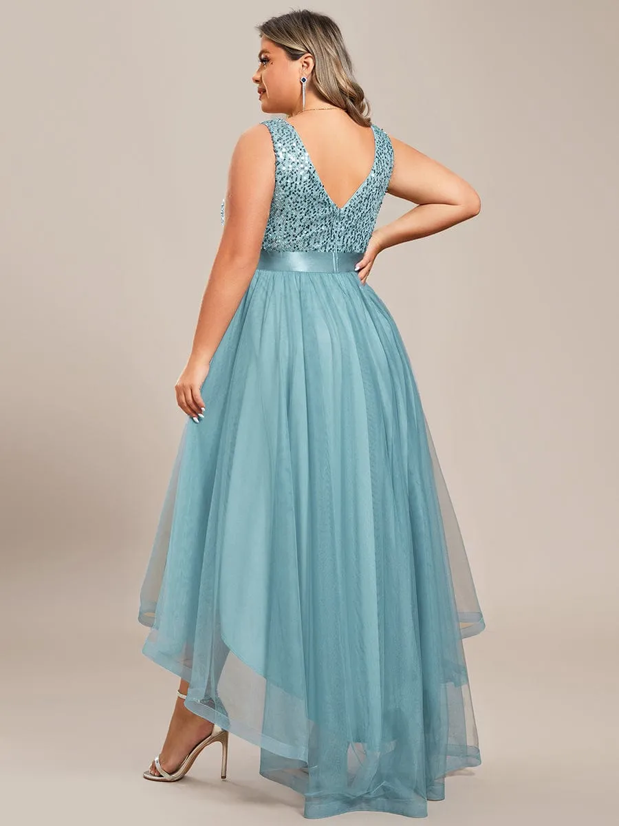 Sequin Bodice Tulle High-Low Evening Dress with Ribbon Waist