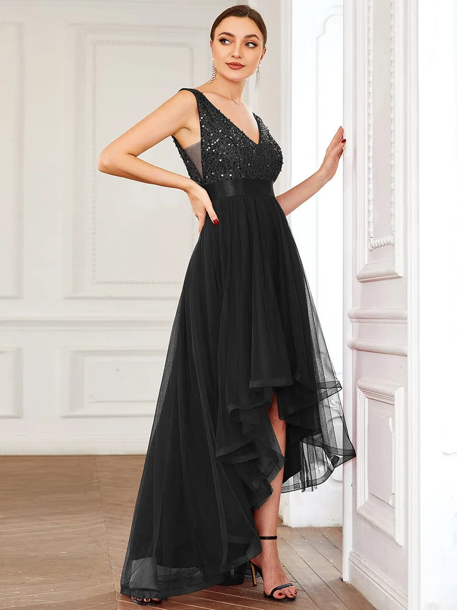 Sequin Bodice Tulle High-Low Evening Dress with Ribbon Waist