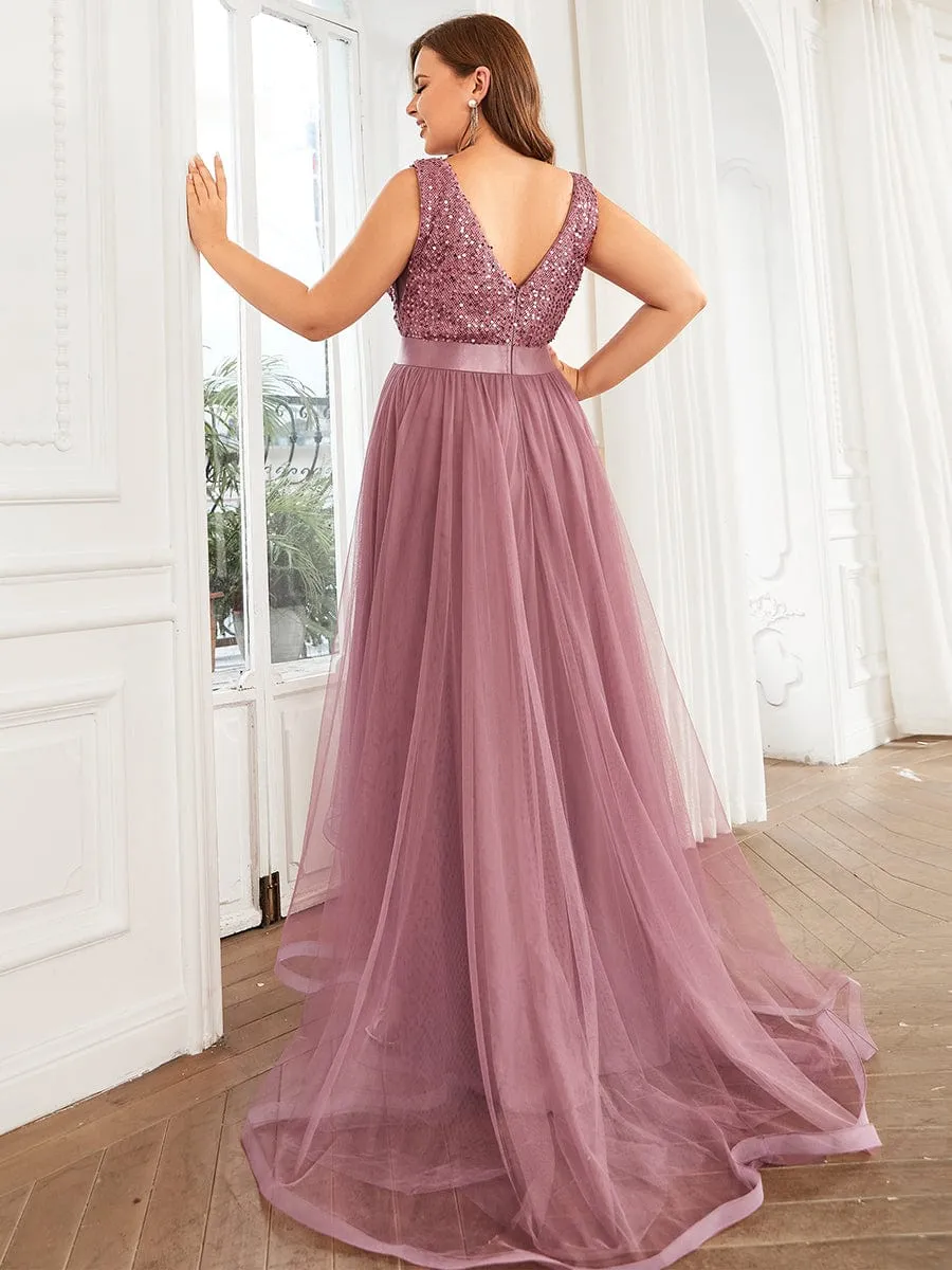 Sequin Bodice Tulle High-Low Evening Dress with Ribbon Waist