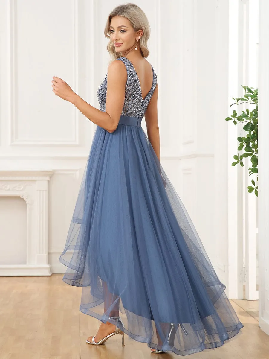 Sequin Bodice Tulle High-Low Evening Dress with Ribbon Waist