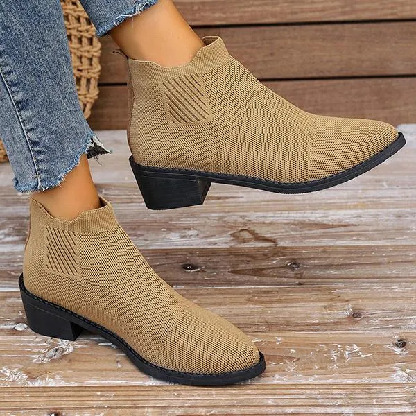 Women's Casual Flyknit Thick Heel Pointed Toe Ankle Boots 45432432S