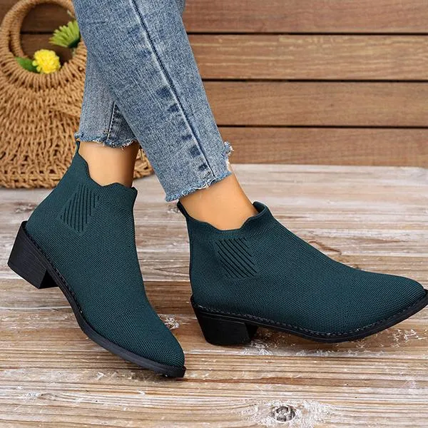 Women's Casual Flyknit Thick Heel Pointed Toe Ankle Boots 45432432S