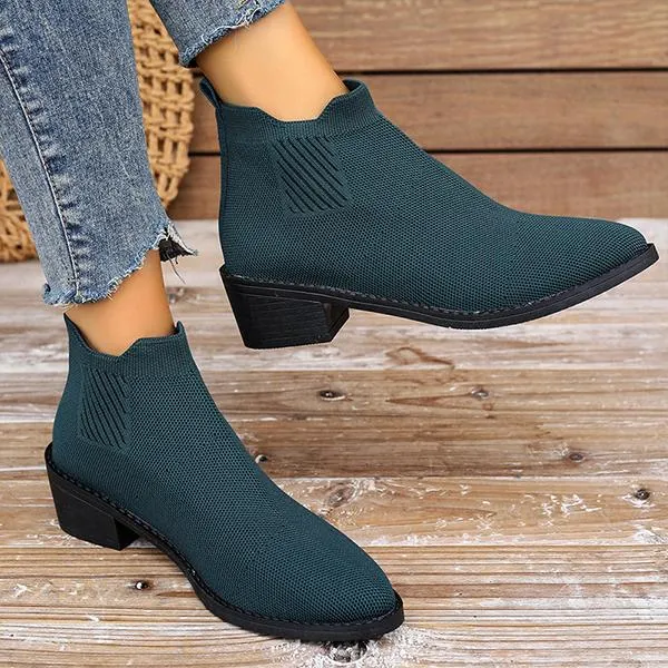 Women's Casual Flyknit Thick Heel Pointed Toe Ankle Boots 45432432S